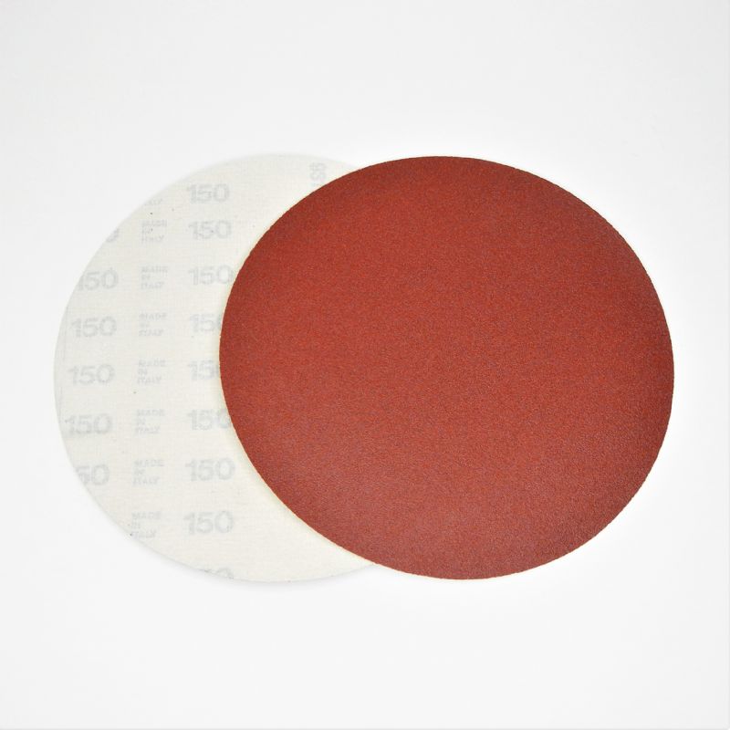 dischi carta abrasiva resinata rossa + velcro tranciati d.mm. 225 p 150 a tipo corindone