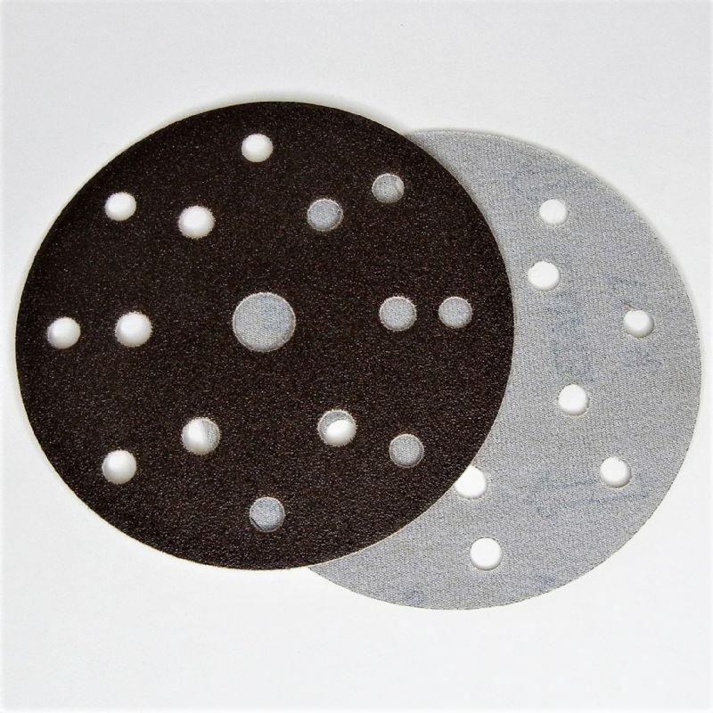 dischi tela abrasiva resinata grigia velcrati d. 150 mm + 15 fori grana 80 a foratura universale NORTON tipo corindone
