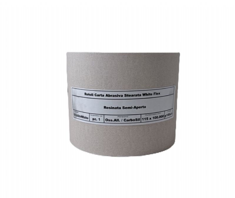 rotolo carta abrasiva stearata flex bianca tipo carburo di silicio / ossido di alluminio resinata semi-aperta mm. 115 x 100.000 p 100 a/s<br />#rotolocartaabrasiva