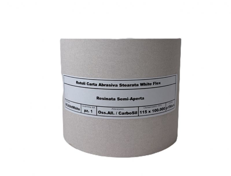 rotolo carta abrasiva stearata flex bianca tipo carburo di silicio / ossido di alluminio resinata semi-aperta mm. 115 x 100.000 p 150 a/s<br />#rotolocartaabrasiva