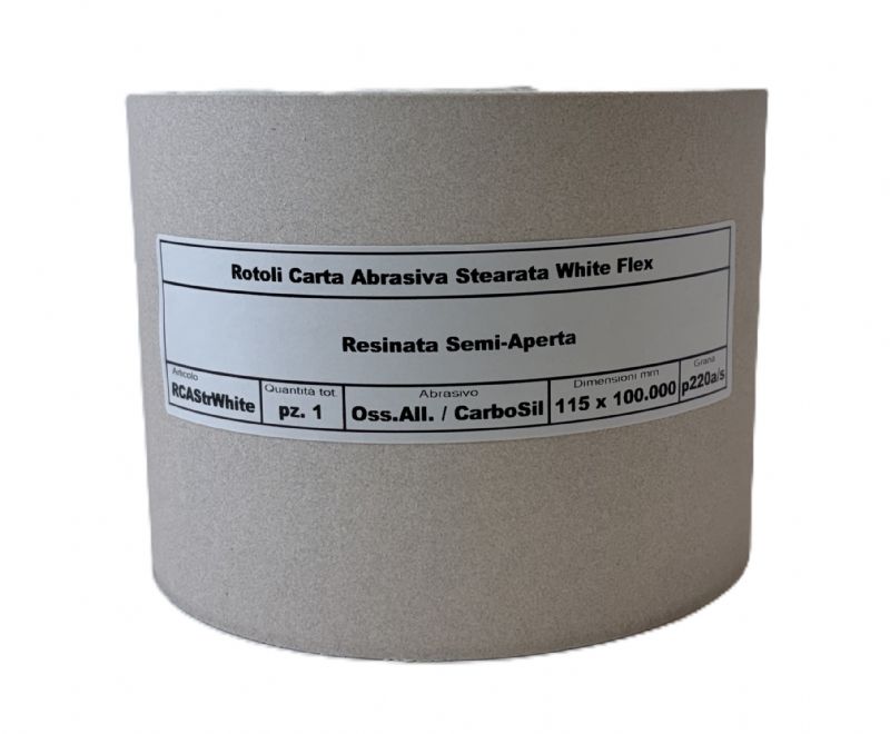 rotolo carta abrasiva stearata flex bianca tipo carburo di silicio / ossido di alluminio resinata semi-aperta mm. 115 x 100.000 p 220 a/s<br />#rotolocartaabrasiva