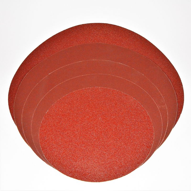 dischi abrasivi in carta resinata rossa pesante + adesivo tranciati d. mm. 350 p 240 a tipo corindone