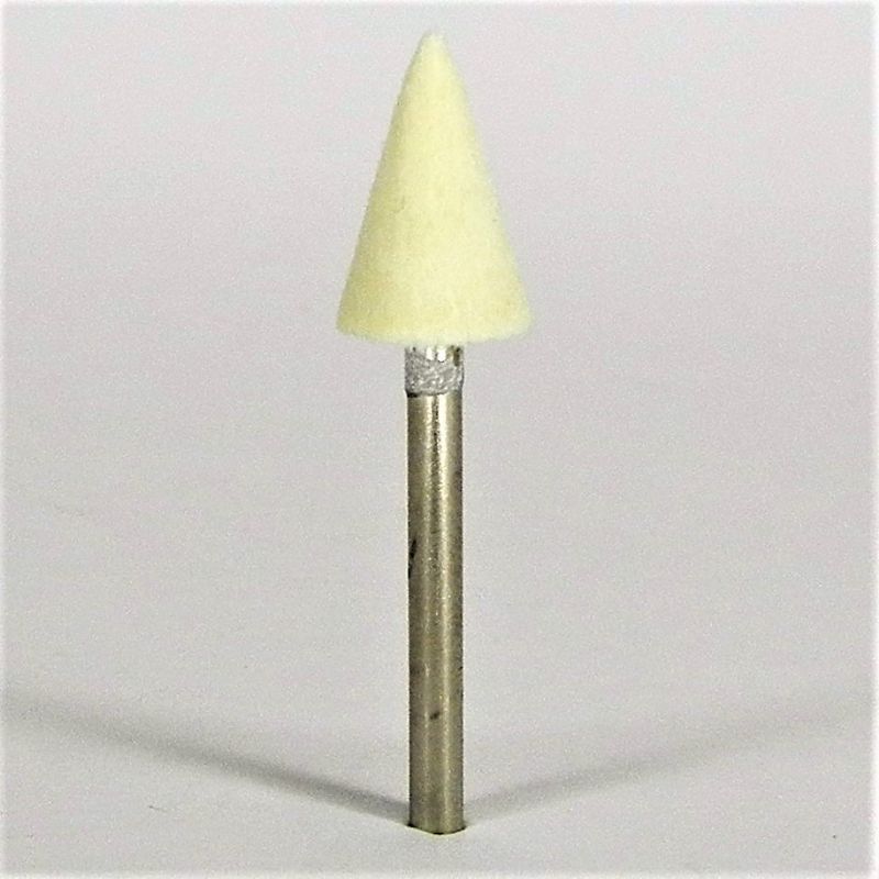 feltro feltrino panno lana bianca a cono per lucidare diam. mm. 10 x15 x 47 perno 3 mm.<br />#feltropannolana