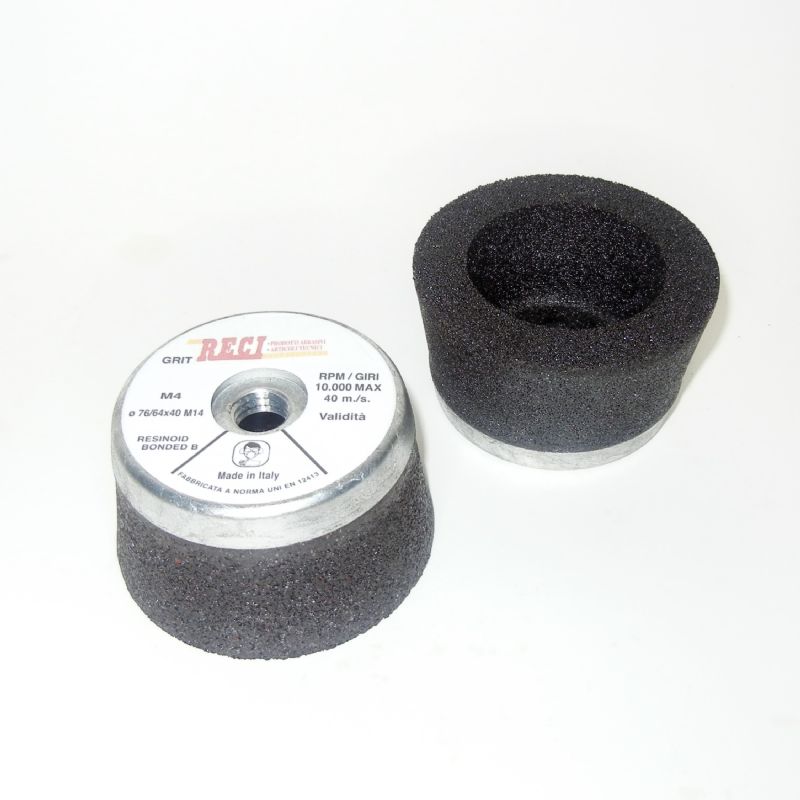 mola bachelitica abrasiva tronco conica a tazza Ø 76/64 x 40 con foro filettato M14 grana 16 corindone