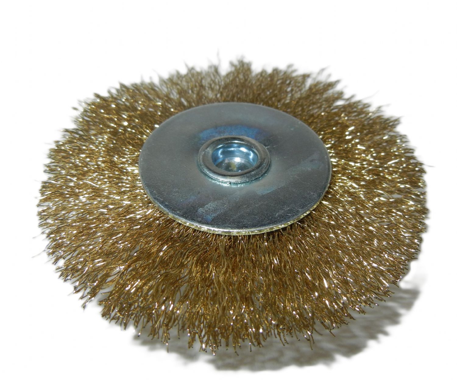 spazzola circolare con gambo d. mm. 100 x sp. 10 x p. 6 x 25 filo acciaio ottonato ond. 0.3