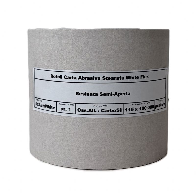 rotolo carta abrasiva stearata flex bianca tipo carburo di silicio / ossido di alluminio resinata semi-aperta mm. 115 x 100.000 p 400 a/s<br />#rotolocartaabrasiva