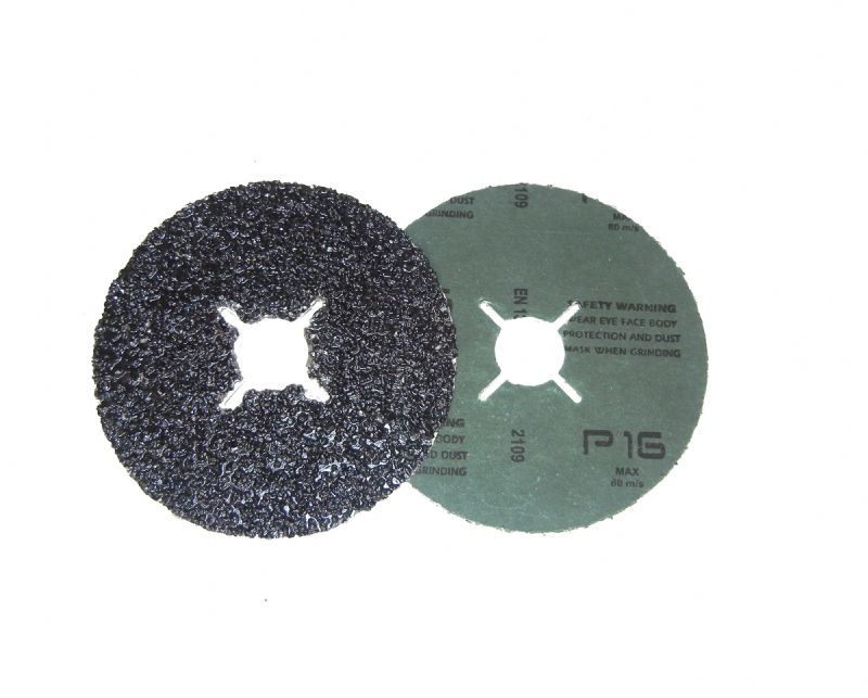 disco fibrato diam. mm. 115  x foro 22  + 4 tagli a croce grana 16 carburo di silicio
