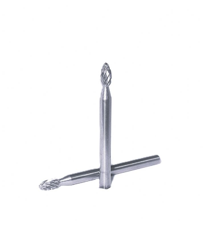 fresa metallo duro integrale testa fiamma Ø mm. 3 x 6 x 38 perno 3 taglio E 6