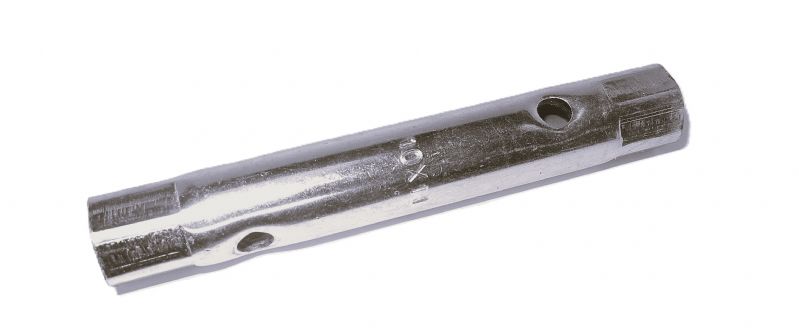 chiave a tubo doppia misura  in acciaio temperato e nichelato 10x11 con foro di manovra del Ø 6,3