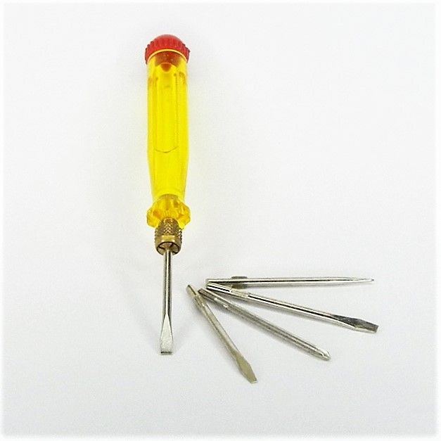 cacciavite - giravite 3 x 1 x 42,5 con manico contenitore n. 5 lame , bits , 3 taglio , 1 croce , 1 punteruolo
